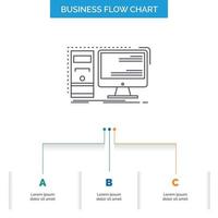 computadora, escritorio, hardware, estación de trabajo, diseño de diagrama de flujo de negocios del sistema con 3 pasos. icono de línea para el lugar de plantilla de fondo de presentación para texto vector