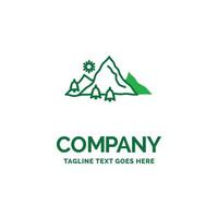 mountain. landscape. hill. nature. tree Flat Business Logo template. Creative Green Brand Name Design. vector