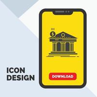 arquitectura. banco. bancario. edificio. icono de glifo federal en el móvil para la página de descarga. fondo amarillo vector