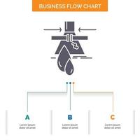 químico, fuga, detección, fábrica, diseño de diagrama de flujo de negocios de contaminación con 3 pasos. icono de glifo para el lugar de plantilla de fondo de presentación para texto. vector