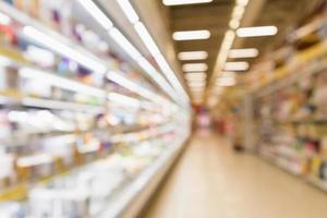 Abstract blur supermarket grocery store refrigerator shelves with fresh milk bottles and dairy products photo