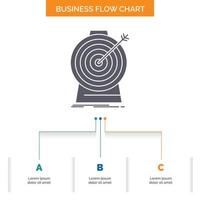 apuntar. enfoque. meta. objetivo. diseño de diagrama de flujo de negocios de orientación con 3 pasos. icono de glifo para el lugar de plantilla de fondo de presentación para texto. vector