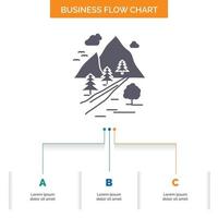 rocks. tree. hill. mountain. nature Business Flow Chart Design with 3 Steps. Glyph Icon For Presentation Background Template Place for text. vector
