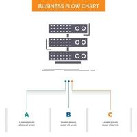 servidor. almacenamiento. estante. base de datos. diseño de diagrama de flujo de negocios de datos con 3 pasos. icono de glifo para el lugar de plantilla de fondo de presentación para texto. vector