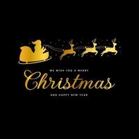 Santa Claus Driving in a Sledge. Elegant  Premium Merry Christmas greeting card. Gold black background. vector