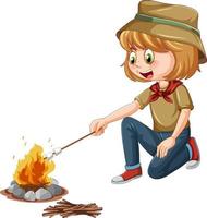 Scout girl roasting marshmallow vector