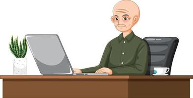 Old man using laptop on the desk vector