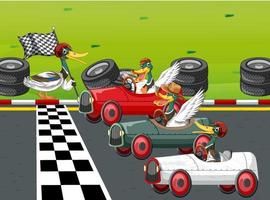 Soap box derby race with ducks cartoon character vector