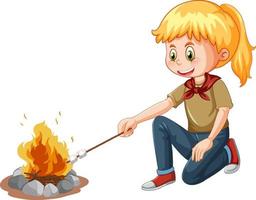 Camping girl roasting marshmallow on campfire vector