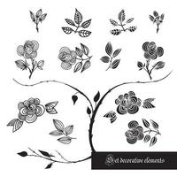 conjunto de elementos decorativos, rosas y hojas, en blanco y negro vector