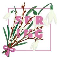 Spring floral background with beautiful snowdrop and pussy willow flower vector