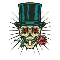 Vector illustration of sugar skull wears a top hat and bites the rose