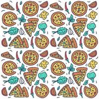 Vector seamless pattern of hand drawn colorful pizza, isolated on white background