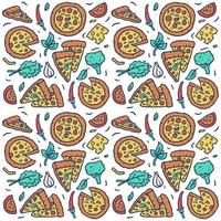 Vector seamless pattern of hand drawn colorful pizza, isolated on white background