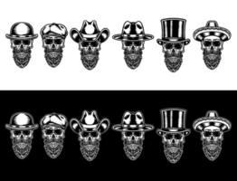 Set of skull beard in hat, isolated on dark and bright background vector