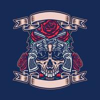 Skull with guns and roses, hand drawn line with digital color, vector illustration