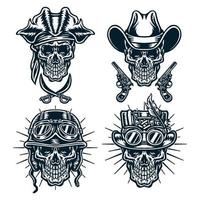 Set of skulls wearing hats, cowboys, steampunk, helmets and pirates, Isolated on white background. vector