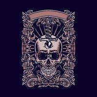 Skull knife with ornate frame, hand drawn line with digital color, vector illustration