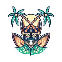 Skull summer beach t-shirt graphic design, hand drawn line with digital color, vector illustration