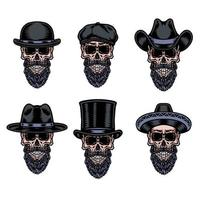 Set of skull beard in hat, hand drawn line with digital color, vector illustration