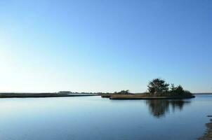 un lago o río con pastos marrones y orilla foto