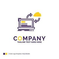 Company Name Logo Design For sync. processing. data. dashboard. arrows. Purple and yellow Brand Name Design with place for Tagline. Creative Logo template for Small and Large Business. vector