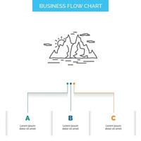 Nature. hill. landscape. mountain. water Business Flow Chart Design with 3 Steps. Line Icon For Presentation Background Template Place for text vector