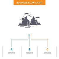 Mountain. hill. landscape. nature. sun Business Flow Chart Design with 3 Steps. Glyph Icon For Presentation Background Template Place for text. vector