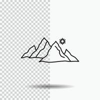 montaña. paisaje. Cerro. naturaleza. icono de línea de sol sobre fondo transparente. ilustración de vector de icono negro