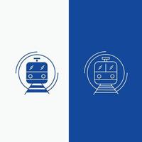 metro. tren. inteligente. público. línea de transporte y botón web de glifo en banner vertical de color azul para ui y ux. sitio web o aplicación móvil vector