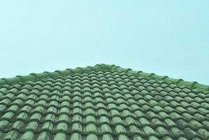 The corner of the green tiled roof looks like a big triangle in the middle of the frame. photo