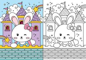 Cute bunny in the castle coloring page vector