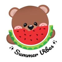 lindo diseño de plantilla de estilo plano para vacaciones de verano con lindo oso comiendo sandía vector