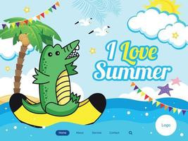 Summer theme banner. Vector illustration of a cute funny crocodile ride on a banana boat. summer water fun. Cute vector illustration concept for website and mobile website development