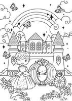 Cute princess and bunny in the magic castle coloring page vector