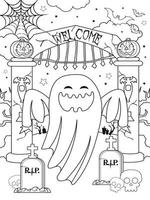 Halloween coloring page of white flying ghost on graveyard gate vector