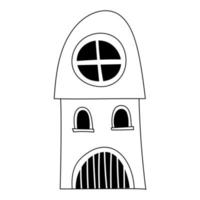 Hand drawn doodle house with rounded windows and line art door. For fabric, prints, kids. Vector illustration.