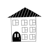 Hand drawn bid house in doodle style with rectangle windows and black door with triangle roof. For fabric, prints, kids. Vector illustration.