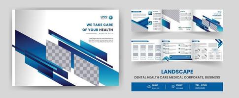 clínica médica paisajística, cuidado de la salud, diseño de plantilla de folleto comercial tríptico con limpio, mínimo y moderno vector