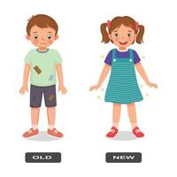 palabras de antónimo de adjetivo opuesto ilustración antigua y nueva de niños pequeños usan tarjeta de explicación de ropa con etiqueta de texto vector