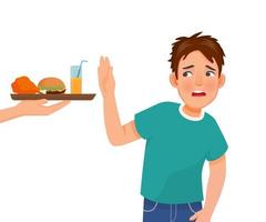 Young man on diet refusing to eat junk food like fried chicken and burger vector