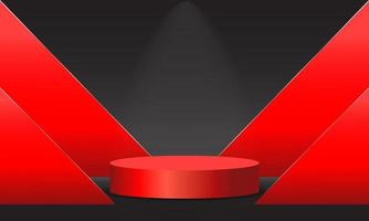 Productos de fondo 3d con una forma roja redonda para mostrar productos. hay un triángulo rojo en el lado. el soporte del producto tiene una linterna bajando. énfasis en la elegancia puntual vector