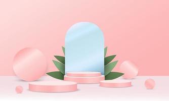 3d background products, pink, with tall round shapes in various sizes for displaying products. The background is a curved blue shape that reflects the shadows to enhance the distinctiveness of the pro vector