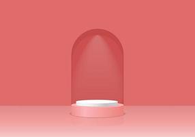 3d background products have round red and white spheres on top for displaying products. The background is a curved shape. The product stand has a flashlight coming down. Emphasis on elegance vector