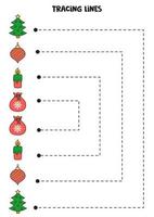 trazando líneas para niños. elementos navideños dibujados a mano. Practica de la escritura. vector