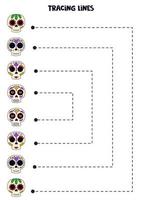 Tracing lines for kids. Hand drawn Mexican skulls. Writing practice. vector