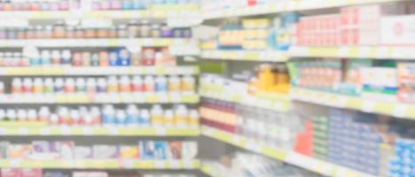 Pharmacy drugstore shelves interior blur medical background photo