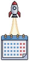 Pixel art calendar with rocket flying vector icon for 8bit game on white background