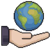 mano de arte de píxeles con planeta tierra, icono de vector de globo terrestre para juego de 8 bits sobre fondo blanco