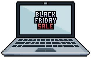 Pixel art laptop with black friday on screen vector icon for 8bit game on white background